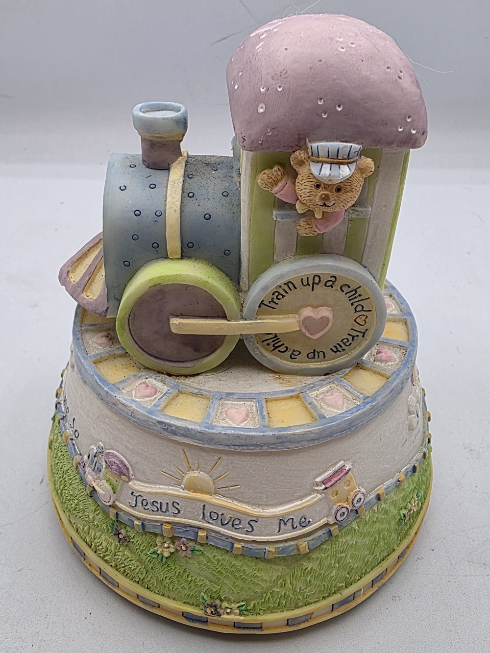 Jesus Loves Me Pastel Baby Train Music Box – Pink, Mint & Yellow Dicksons 2002.